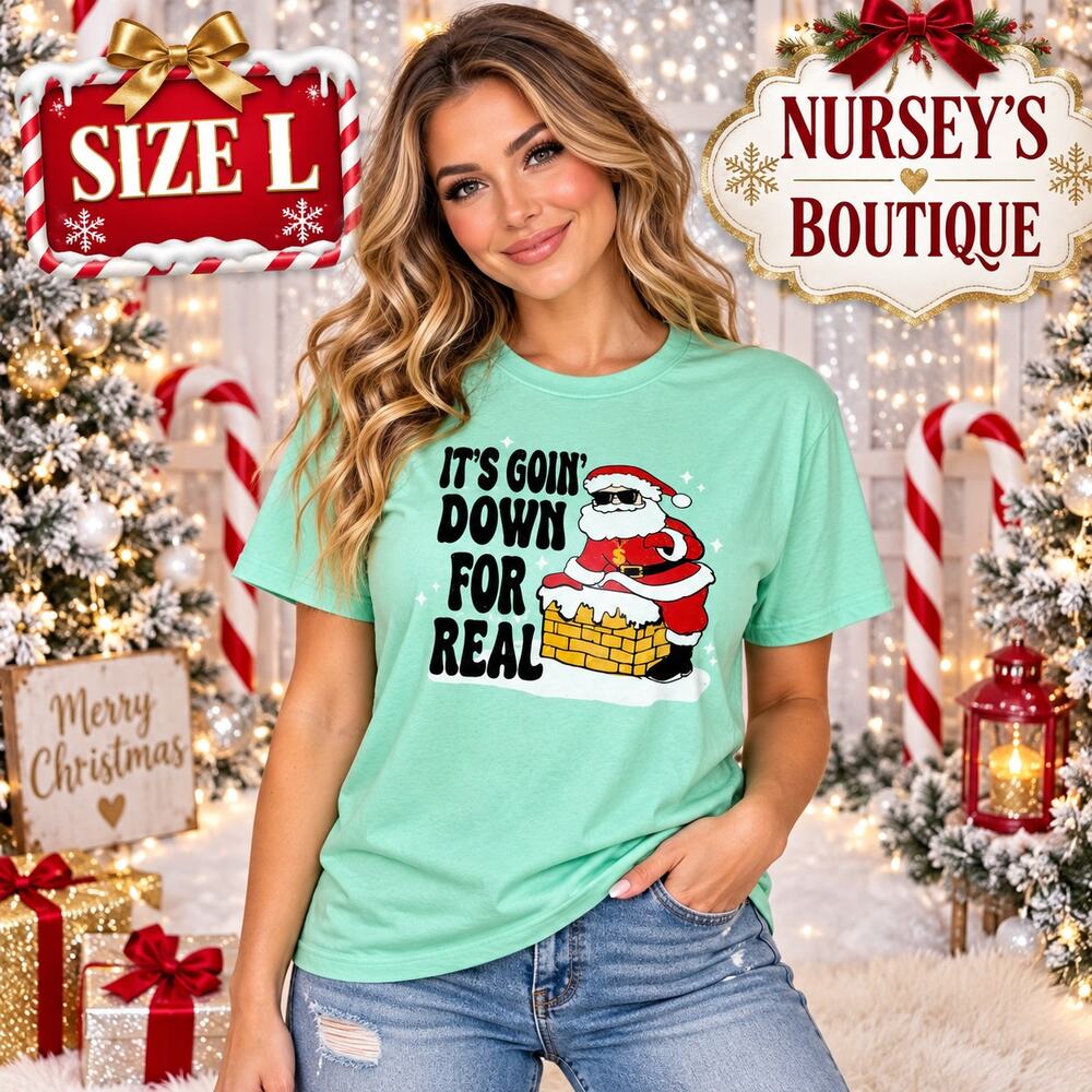 SEO Title: Five Below Santa It’s Goin’ Down for Real Christmas Tee Mint Green L